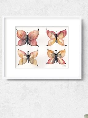 Original Butterfly Watercolor Painting, Abstract Pink Art  - Four Butterflies
